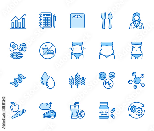 Nutritionist flat line icons set. Diet food, nutritions - protein, fat, carbohydrate, fit body vector illustrations. Outline pictogram for overweight treatment. Pixel perfect 64x64. Editable Strokes