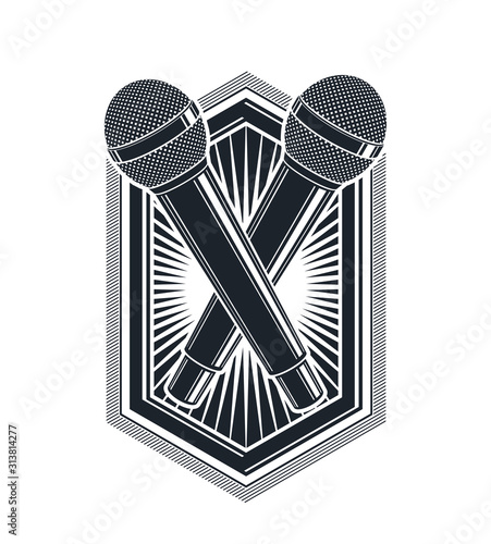 Two microphones vector logo or emblem isolated on white, MC rapper or rap battle concept, stand up comic or radio, blogger.