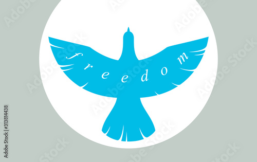 Bird flying up into sky freedom concept vector poster, liberty and human rights allegory, career or business ambitions, dove spread wings.