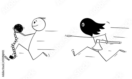 Vector cartoon stick figure drawing of man in chain with iron ball attached to hid leg, he is running away or escaping, executioner on headsman is chasing him.