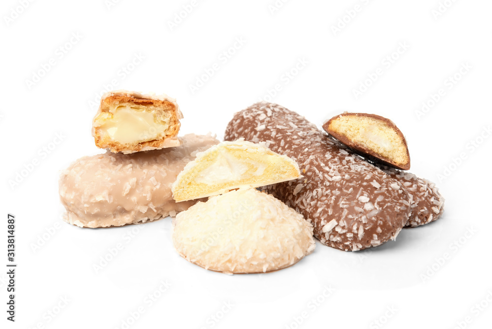 Different types of cookies isolated on white background.