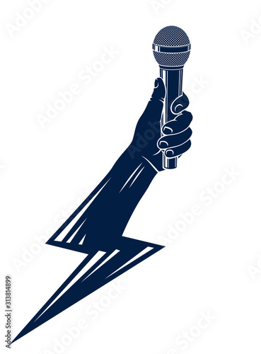 Microphone in hand in a shape of lightning, rap battle rhymes music, karaoke singing or standup comedy, vector logo or illustration, concert festival or night club label, t-shirt print.