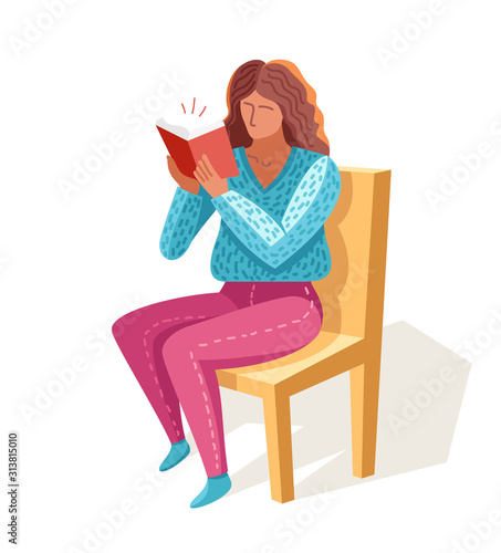 Young woman reading a book vector trendy flat illustration isolated on white, knowledge learning education, self-education, fiction literature.
