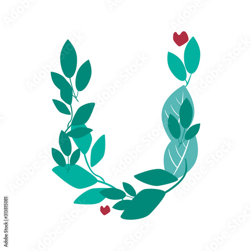 A letter U with green leaves  branches and hearts isolated on a white background for design  a vector stock illustration with natural or organic font or logo