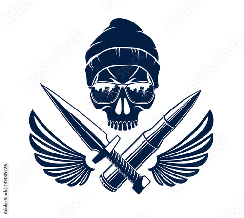 Skull bone head with weapon vintage vector emblem or logo isolated on white, vintage style coat of arms crest, gang sign criminality, classic style tattoo.
