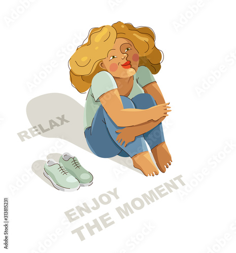 Cute adorable happy woman sitting barefoot on a ground isolated on white, enjoy every moment of life concept, allow yourself to dream, rest and calm, ease and laze.