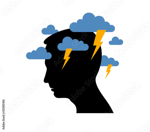 Depression mental health and high anxiety vector conceptual illustration or logo visualized by man face profile and dark clouds over his head.