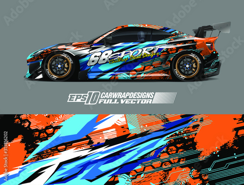 Rally car graphic livery design vector. Graphic abstract stripe racing background designs for wrap cargo van, race car, pickup truck, adventure vehicle. Eps 10