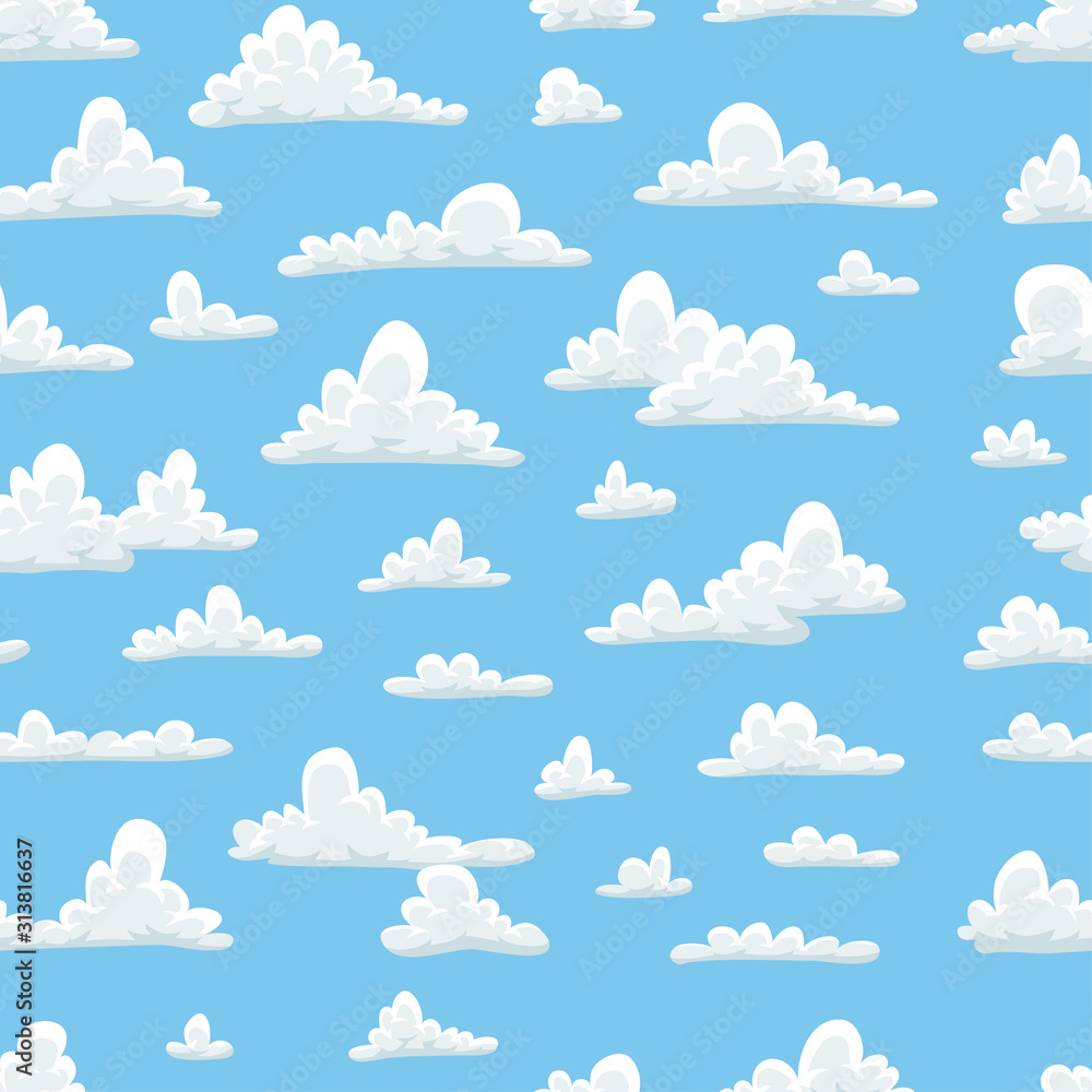 Seamless pattern with funny clouds in cartoon style on blue background. Hand drawn illustration sky. Creative art work. Actual vector weather drawing Seamless pattern with funny clouds in cartoon style on blue background. Hand drawn illustration sky. Creative art work. Actual vector weather drawing