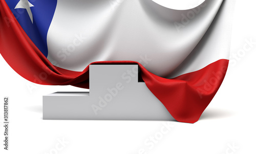 Chile flag draped over a competition winners podium. 3D Render photo