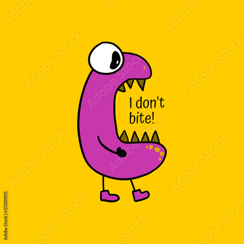 Funny hungry monster game character. With text I don't bite! in his big open mouth. Purple color, isolated on on yellow background. Cartoon style.