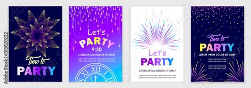 Birthday party greeting card. Fireworks, salute. Set of colorful modern templates for banners, posters, cards, flyers. Design for festival, concert, show. Vector illustration.