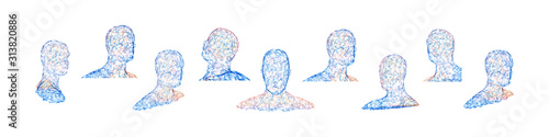 Set of human faces created in grid style. Artificial intelligence concept. Group of people for design. Business team. Vector illustration.