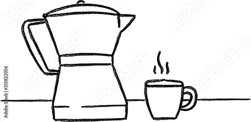 coffee mug and coffeepot hand drawn crayon vector illustration 