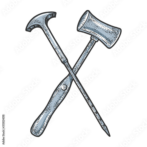 Lobotomy Tool Set Orbitoclast and hammer sketch engraving vector illustration. T-shirt apparel print design. Scratch board imitation. Black and white hand drawn image.