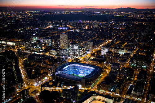Panoramic aerial view of Madrid at night, Metropolis Building lights, capital of Spain, Europe photo