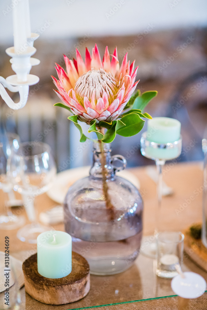 Protea table decoration at a wedding