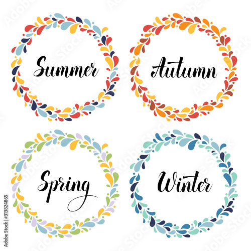 set of circle color wreaths frame with four calligraphic  seasons names vector illustration isolated on white
