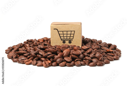 Box with shopping cart logo symbol on coffee beans  : Import Export Shopping online or eCommerce delivery service store product shipping, trade, supplier concept..