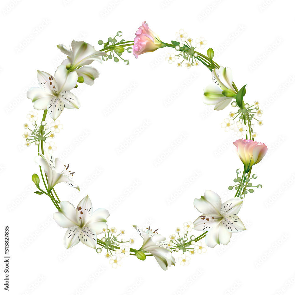 Flowers. Floral background. Eustoma. Lilies. White. Green. Leaves.