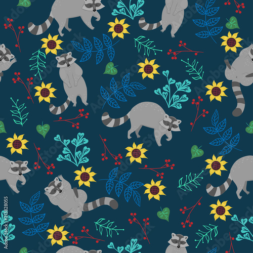 Seamless pattern with raccoons and flowers. Vector graphics.