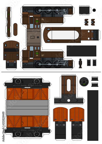 The paper model of a classic steam locomotive and a light brown freight wagon
