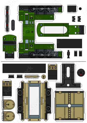 The paper model of a classic green steam locomotive and a beige tank wagon
