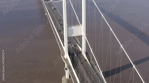 Vehicles Crossing the Severn Bridge Connecting England and Wales Aerial View photo