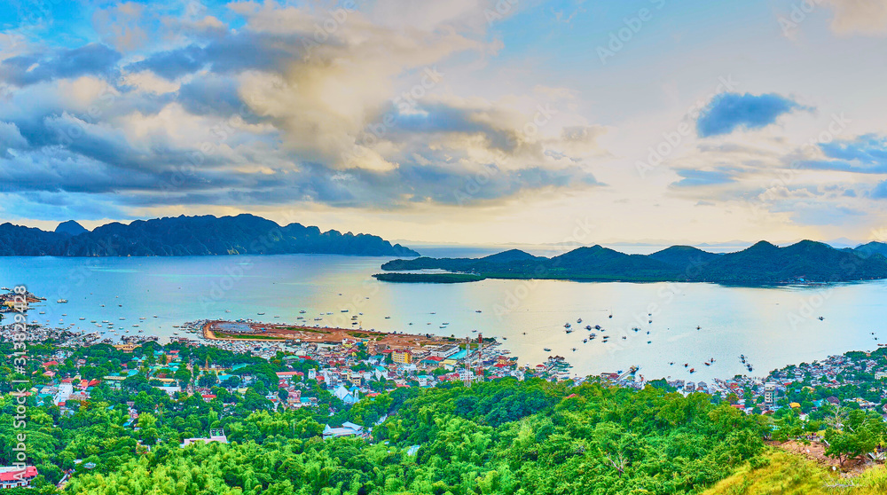 View from Mount Tapyas on Coron Island - North Palawan, Philippines. Looking over Coron Town and Bay at Sunset.
