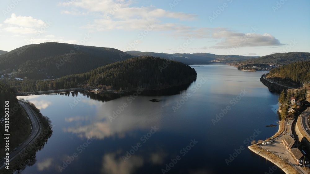 Fototapeta premium lake in winter surrounded forest