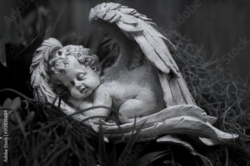 The statue of the angel sleeping in black and white