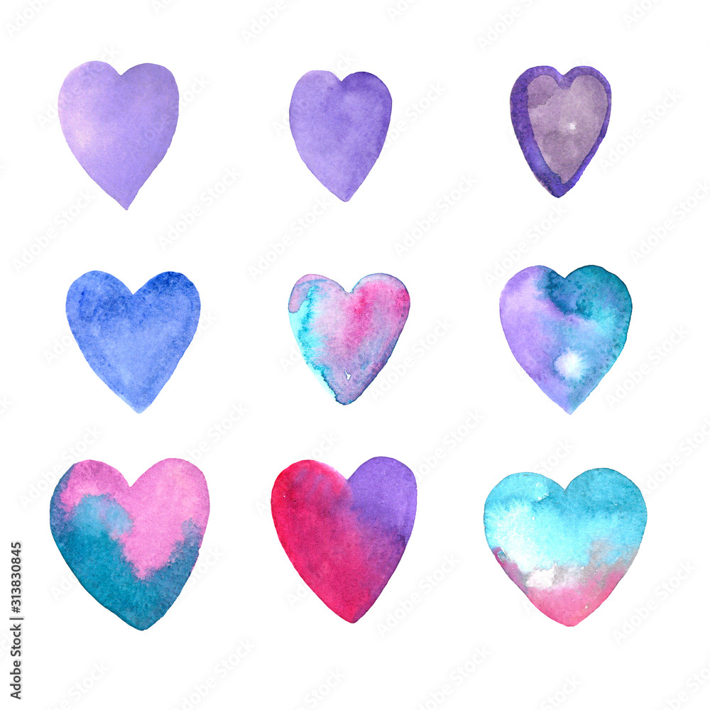 Set of cold multicolored watercolor hand drawn hearts on a white isolated background.