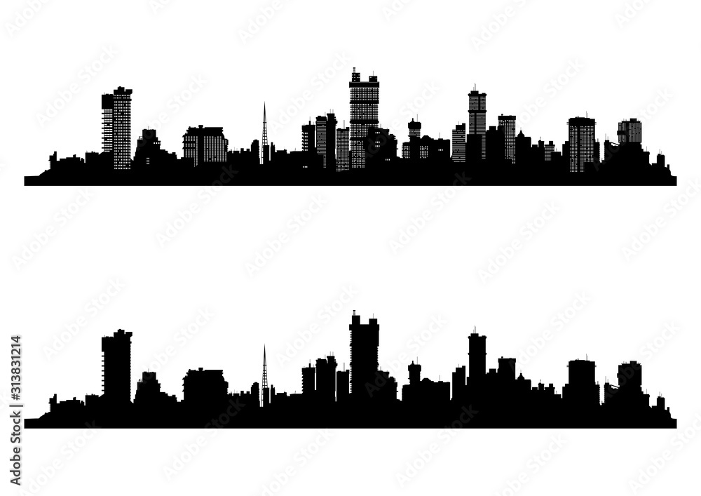 Modern cityscape. Black silhouette of the city with and without windows. Flat vector.