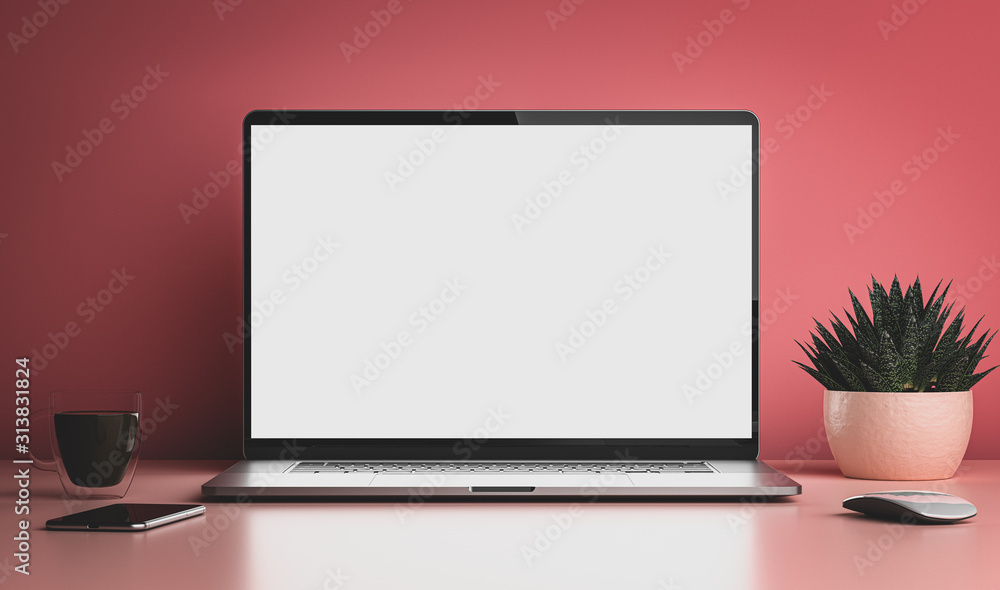 Laptop with blank screen on white table with mouse and smartphone. Home interior on minimalistic pink color background Laptop with blank screen on white table with mouse and smartphone. Home interior on minimalistic pink color background