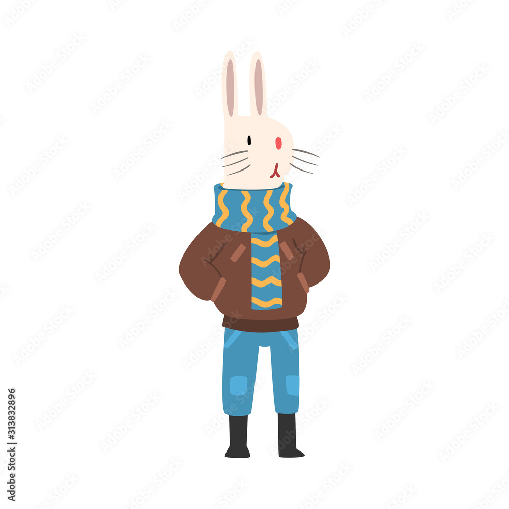 White Rabbit Wearing Warm Winter Clothes, Humanized Forest Animal Cartoon Vector illustration White Rabbit Wearing Warm Winter Clothes, Humanized Forest Animal Cartoon Vector illustration