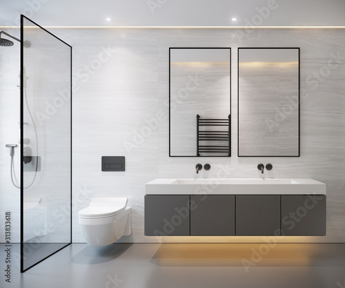 interior of light grey modern bathroom with double sink
