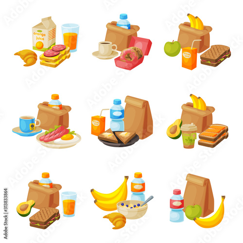 Paper Packaging with Healthy Breakfast Set, School Kids Lunch Bags with Drinks, Fruits, Sandwiches Vector Illustration