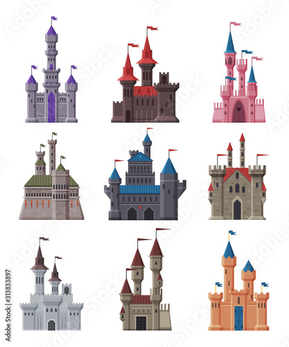 Medieval Stone Castles Collection, Ancient Fortified Fairytale Fortresses and Palaces with Towers Vector Illustration