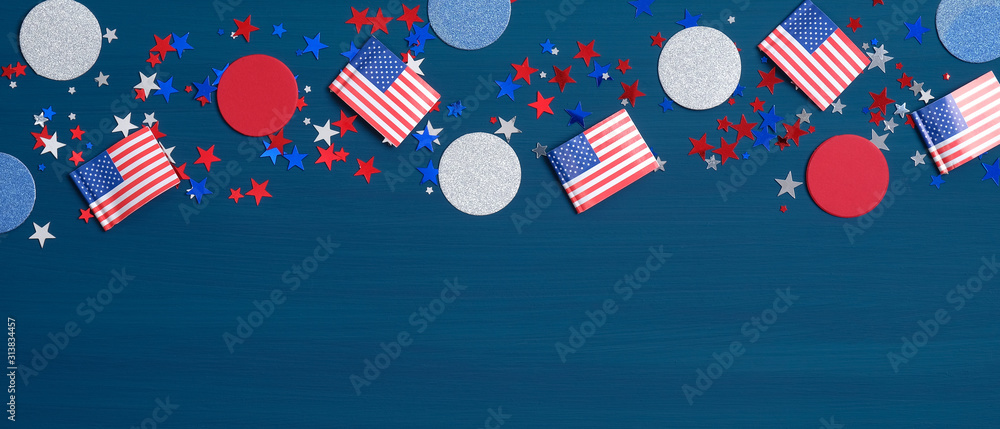 Happy Independence Day Banner. American flags with confetti stars and decorations on blue background. USA Presidents Day, Labor Day, Memorial Day, US election concept.