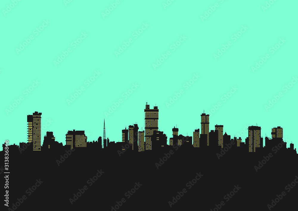 Cityscape. Background in bright colors with the silhouette of the modern city. Flat vector.