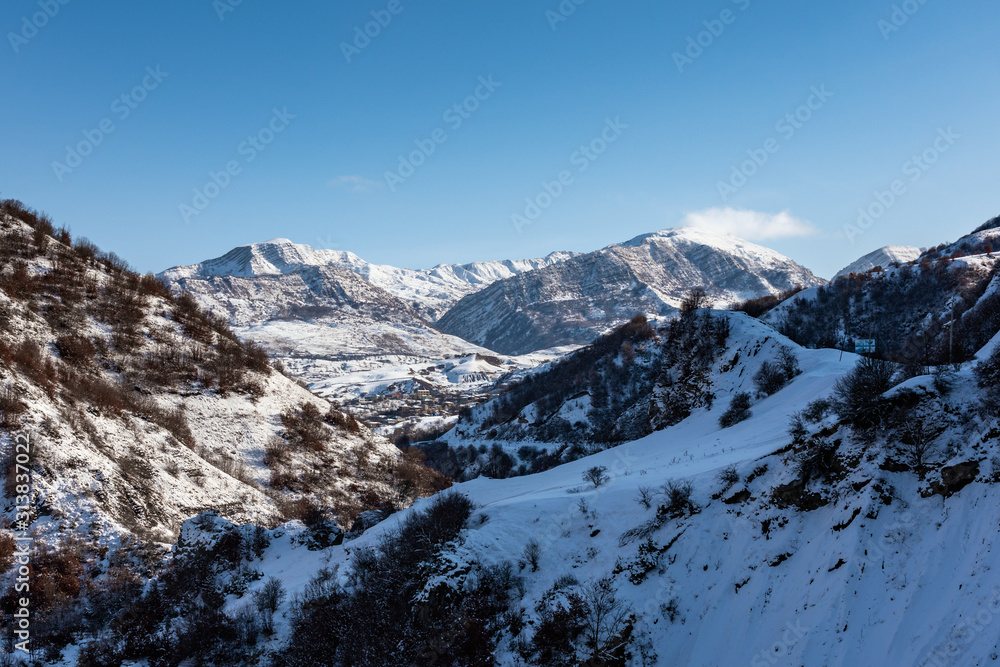 Snow covered mountain range landscape