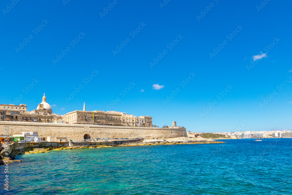 Aerial skyline view of the sea entrance of Valletta