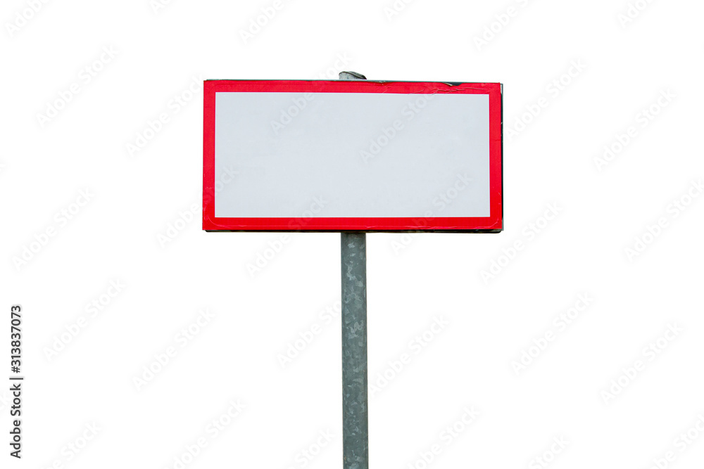 Rectangular blank signboard on a stick, isolated on white background