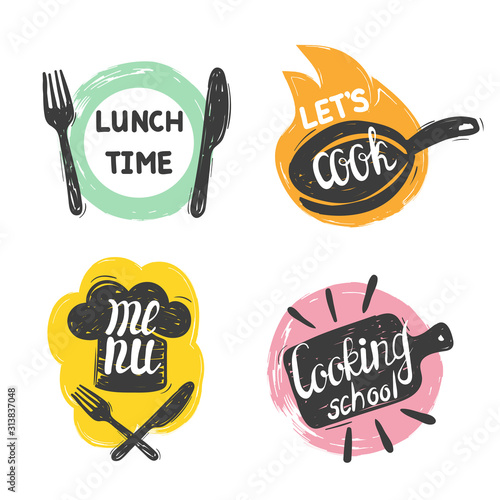 Doodle cooking food logo set. Hand drawn vector kitchen badges, labels.