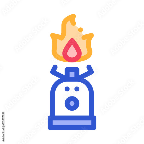 Gaz Cylinder With Fire For Cooking Vector Icon Thin Line. Compass, Mountain Direction And Burner Mountaineering Alpinism Equipment Concept Linear Pictogram. Contour Outline Illustration
