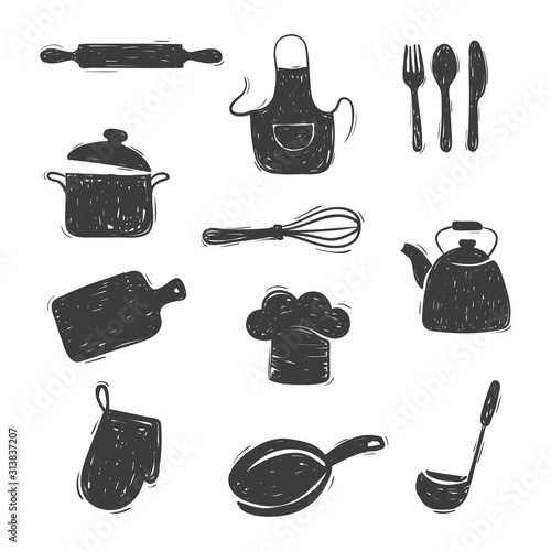 Kitchen utensils set. Vector hand drawn illustration. Doodle tool Icons
