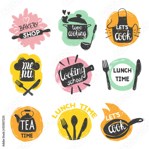Doodle cooking food logo set. Hand drawn vector kitchen badges, labels.