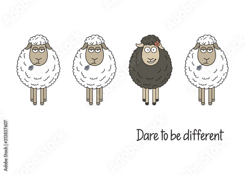 Cute smiling black sheep among white ones. Dare to be different hand written. Black sheep of the family, Standing out from crowd, Be yourself concept