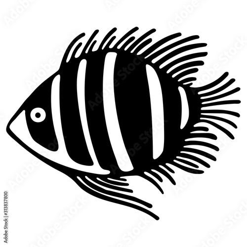 Cute marine fish isolated on white background. Monochrome lineart cartoon vector illustration. Hand drawn fish isolated sea life elements. Design used for shop aquariums, oceanariums.