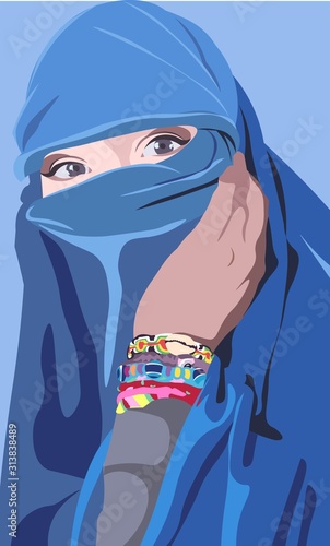 Colorful vector of an islamic arabic woman wearing a blue burka and bohemian bracelets. Girl with beautiful eyes covering her face with a veil